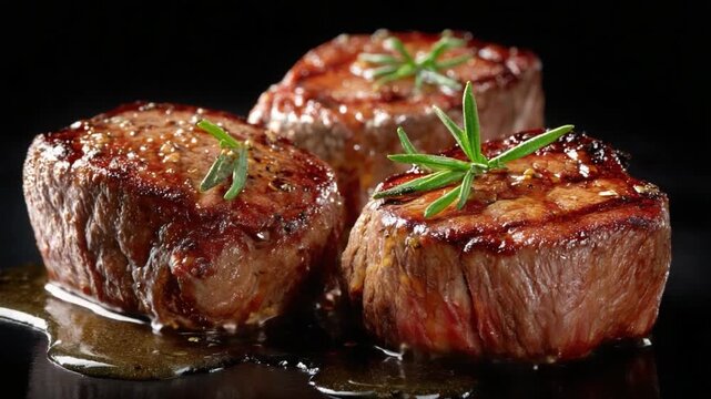 Gourmet Filet Mignon Trio: Three perfectly seared filet mignon steaks, adorned with fresh rosemary sprigs, glisten in a rich, savory sauce, offering a luxurious dining experience.