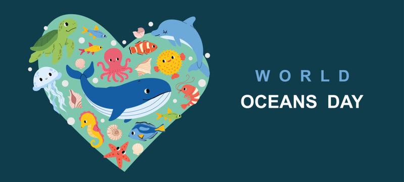 World oceans day banner with cute sea animals. Whale, octopus, turtle, jellyfish, crab, seastar and shrimp. Perfect for eco themes posters and summer design. Flat vector illustration.