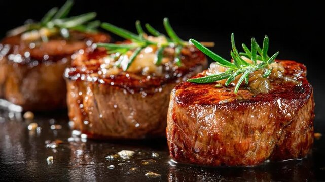 Gourmet Steak Trio: Three perfectly cooked medallions of tender beef, garnished with fresh rosemary and seasoned with coarse salt and pepper, offering a rich and luxurious culinary experience.