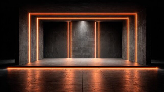 Illuminated neon frame highlights a dark, raw concrete architectural stage