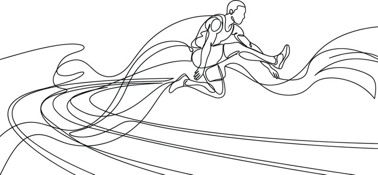 Athletic runner jumping over hurdle with motion lines, line art, dynamic sport illustration