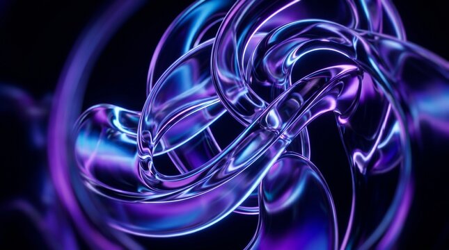 Futuristic Abstract Glass Shapes with Neon Blue Purple Glow on Dark Background, Luxury 3D Render