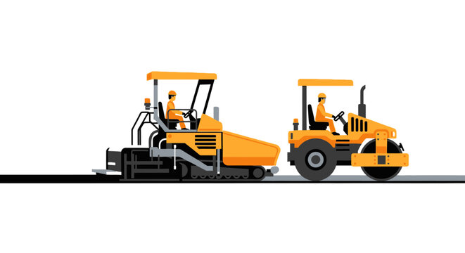 Road Construction Machinery Vector Illustration with Asphalt Paver and Steam Roller. Professional heavy equipment for infrastructure and paving projects isolated on white.