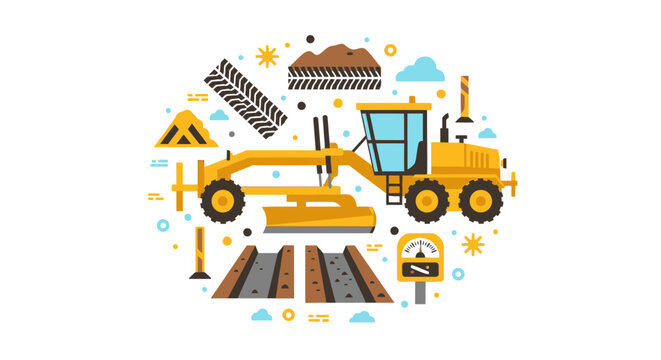 Yellow Motor Grader Vector Illustration - Road Construction and Heavy Earthmoving Equipment in Flat Design Style