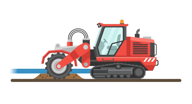 Industrial Red Trencher Machine Laying Underground Fiber Optic Cables Vector Illustration