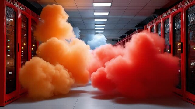 Digital Cloud in Server Room: A conceptual representation of digital cloud data emerging as vibrant, colorful smoke from within a modern server room, symbolizing data storage and processing.