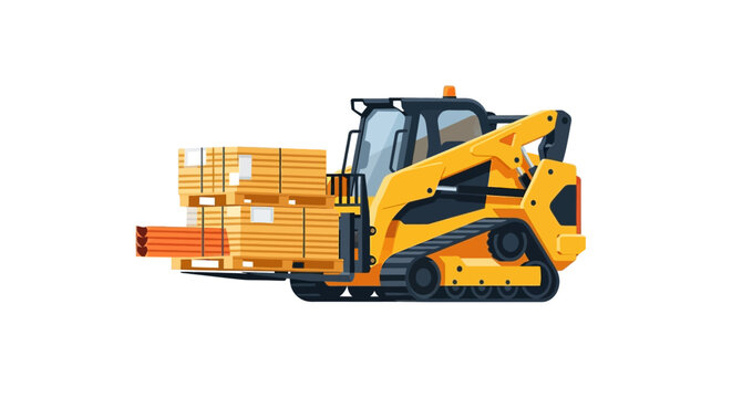 Yellow Skid Steer Compact Track Loader with Pallet Fork Carrying Construction Materials Illustration