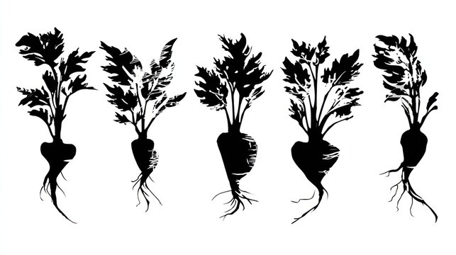 Collection of five stylized black silhouettes depicting root vegetables with leafy tops