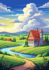 Naklejka premium Vector illustration of a serene countryside landscape with rolling green hills, a winding river, and a charming village with a red-roofed house under a bright, cloudy sky