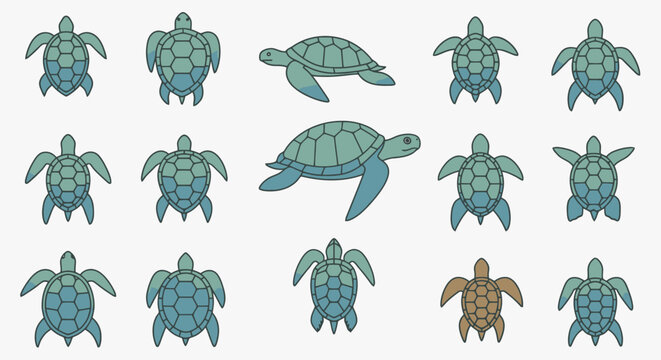 A collection of stylized sea turtles, with two larger, more detailed turtles swimming in the center and many smaller, simpler turtles arranged around them.