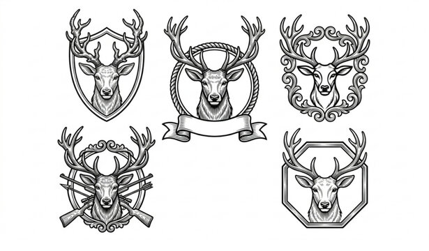 Vintage deer head emblem logo collection with classic antler badges retro vector set