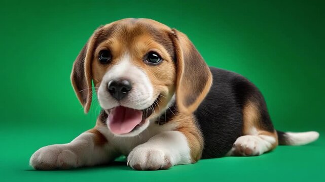 Beagle Puppy's Joyful Gaze: A cute and adorable Beagle puppy with expressive eyes and a happy panting expression lies on a vibrant green backdrop, exuding warmth and friendliness.