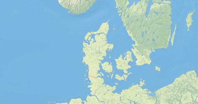 Denmark on Globe. Zoom into the country with Earth spinning on dark background. Physical world map with Denmark and label on it. Country view animation.