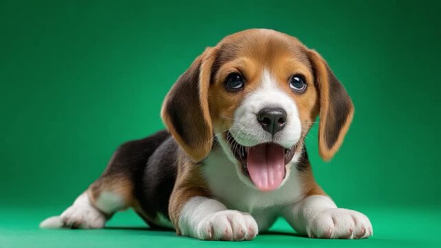 Adorable Beagle Puppy Posing: A cute and happy beagle puppy with big blue eyes and a joyful expression lies on a vibrant green backdrop, its tongue lolling out in excitement.