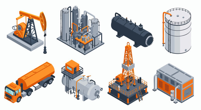 Isometric vector illustration set of oil and gas industry equipment. Detailed assets depicting petroleum production, energy infrastructure, and extraction elements