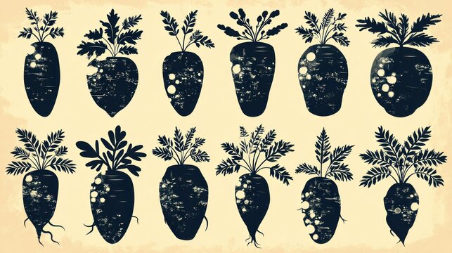 Collection of stylized root vegetable silhouettes displays various shapes and leafy tops