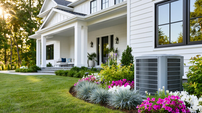 Residential air conditioning unit installed outside a modern white house with beautifully manicured flower beds surrounding it, summer evening sunlight on lush green lawn, home