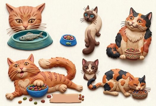 Plasticine clay style cat characters set with pet food and bowls.