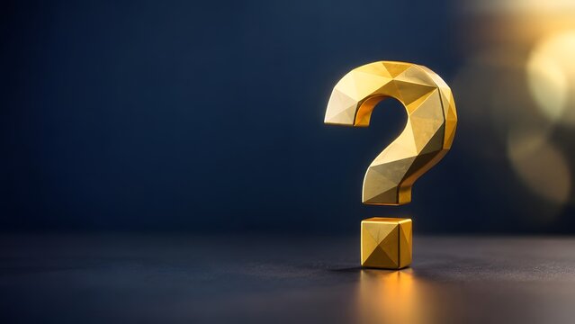 A 3D low poly golden question mark symbol standing on a dark surface with warm bokeh background representing luxury and business inquiry