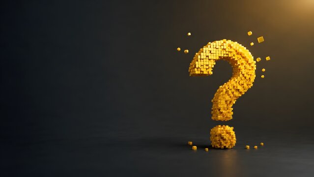 A 3D question mark symbol composed of floating yellow cubes on a dark background representing complex problem solving and data structure