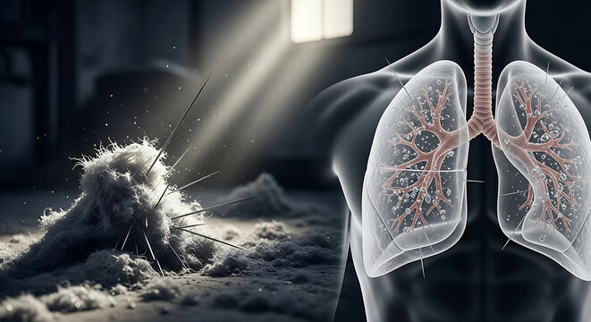 Medical illustration showing the danger of asbestos exposure on human lungs featuring microscopic mineral fibers causing mesothelioma cancer and respiratory diseases