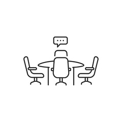 Fototapeta premium Minimalist icon of meeting table and chairs with speech bubble overhead