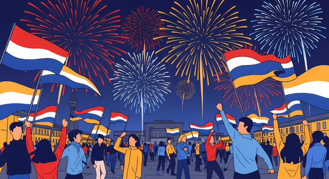 People cheering with flags during a festive holiday celebration with fireworks