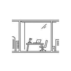 Fototapeta premium Minimalist office workspace illustration with desk chair and laptop by window