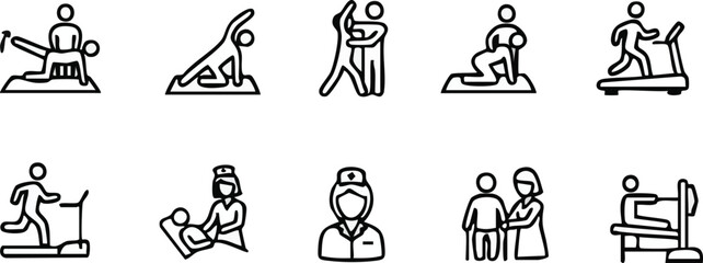 Obraz premium Physical therapy and rehabilitation line icons set, treadmill running, yoga stretching, chiropractor adjustment, nurse care, and elderly assistance vector symbols.