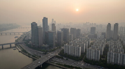 Fototapeta premium Wildfire Smoke City Skyline Aerial View Urban Climate Emergency