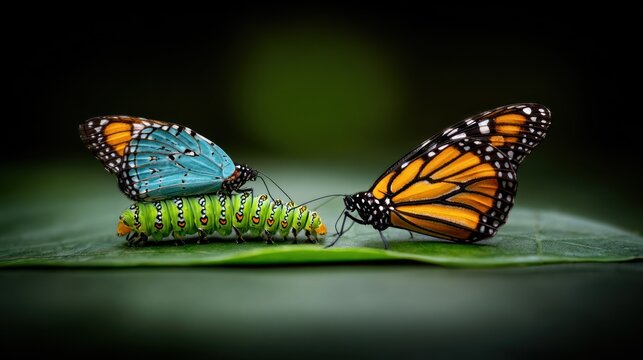 Two vibrantly colored adult insects flank a bright green larva resting on a dark leaf surface