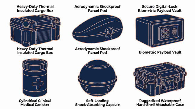 Set of six various industrial cargo containers and secure storage cases in a flat vector illustration style on a plain background