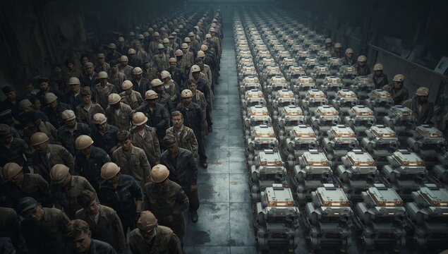 Military personnel standing in formation near organized military vehicles in an indoor facility