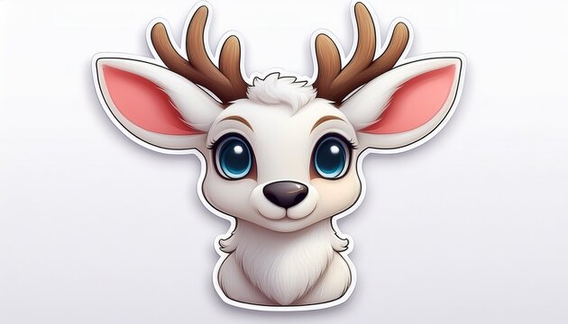 Cute Cartoon Style White Deer Sticker With Big Expressive Eyes Isolated On White Background