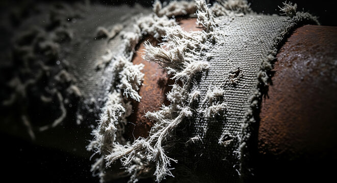 Closeup of dangerous frayed asbestos insulation on a rusty industrial pipe in an old building showing airborne fibers and environmental health hazards for remediation