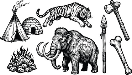 A comprehensive collection of black and white woodcut style icons featuring a mammoth, saber-toothed tiger, stone tools, igloo, and tribal teepee © MdMonowar