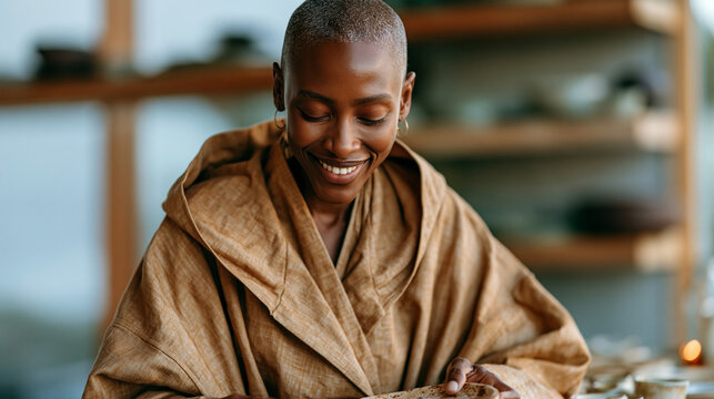 An elegant female shopper with short hair wearing a tailored duster coat admiring handmade ceramic plates at a design studio counter, a mature artisan showing the texture, calm edi