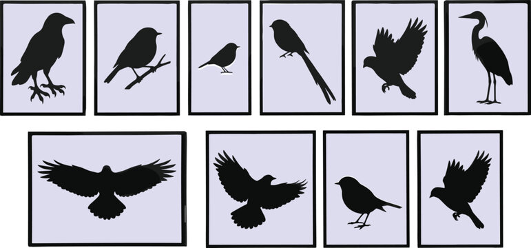 A minimalist set of black bird silhouette paintings featuring ravens herons and songbirds in framed rectangular panels for modern home wall decor