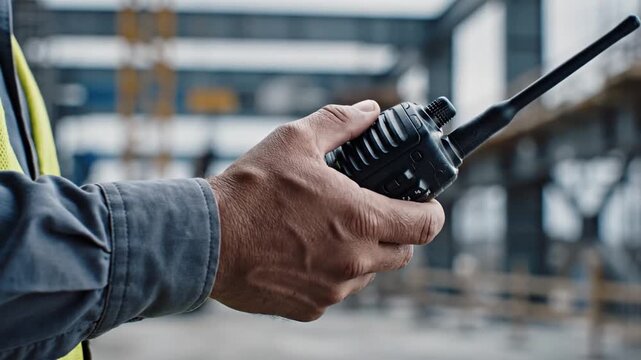 Construction foreman using a walkie-talkie to communicate vital links on a busy industrial site