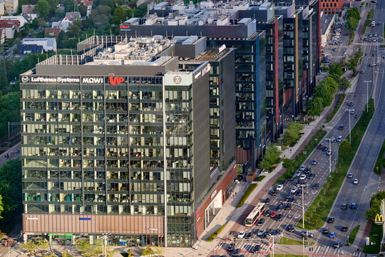 Aerial view of modern office skyscrapers including Lufthansa Systems and Mowi buildings at Olivia Business Centre along Grunwaldzka avenue, Gdansk, Pomerania, Poland, Europe