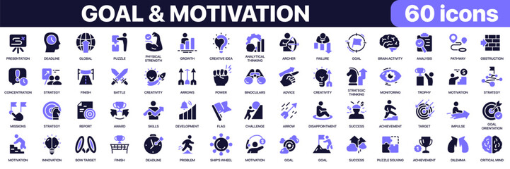 Fototapeta premium Goal and motivation icon collection in purple colored style. Includes achievement, strategy, planning, leadership, success, productivity and personal growth icons in flat fill style