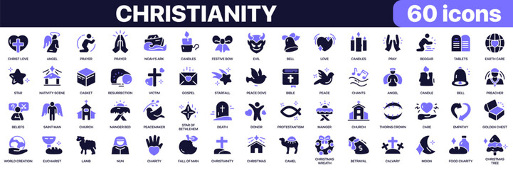 Obraz premium Christianity icon collection in purple colored style. Includes prayer, faith, church, scripture, charity, worship and Christian tradition icons in flat fill style