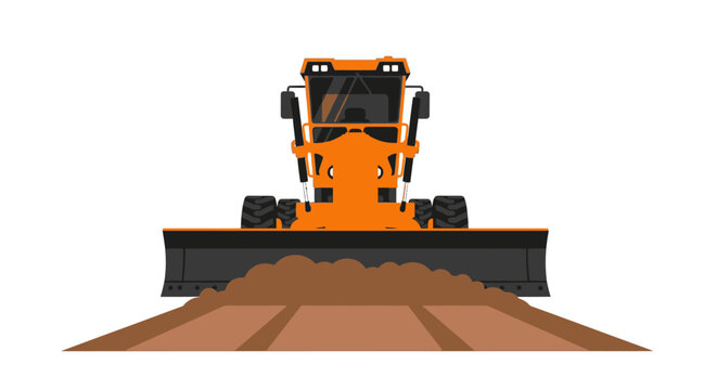 Yellow Motor Grader Construction Machine Pushing Dirt Front View Vector Illustration