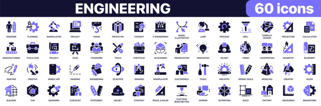 Engineering icon collection in purple colored style. Includes manufacturing, construction, tools, design, drafting, prototyping and industrial technology icons in flat fill style