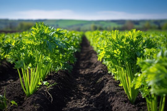 Sunlit celery field with orderly rows and vibrant green leaves