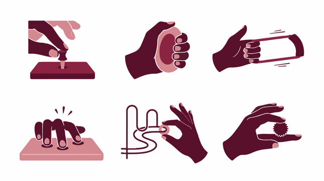 Set of vector illustrations showing human hands performing various tactile actions and interactions with small objects in a flat minimalist style