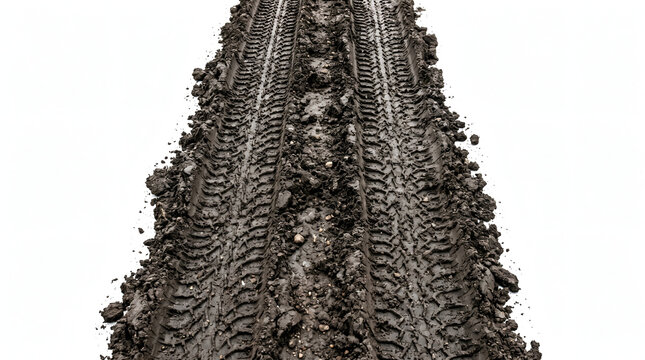 Off-road tire tracks in wet mud isolated on white background