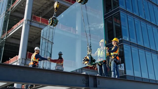 Construction workers meticulously install large glass windows into a sleek modern office building facade using a crane and safety equipment.