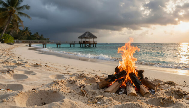 Lagerfeuer am Strand bei Sonnenuntergang