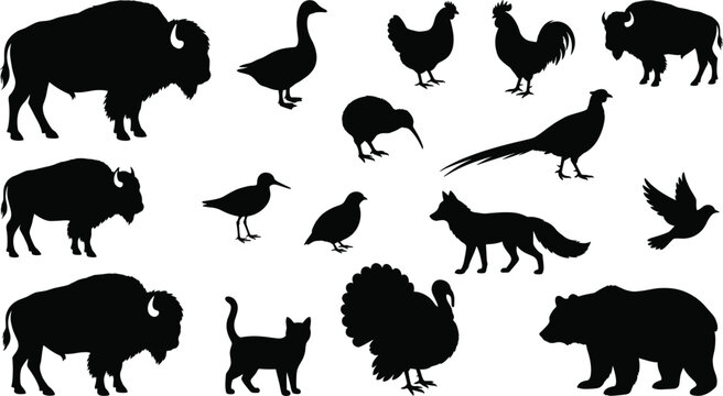 Large collection of black animal silhouettes including bison bear fox cat turkey rooster and various wild birds isolated on a white background
